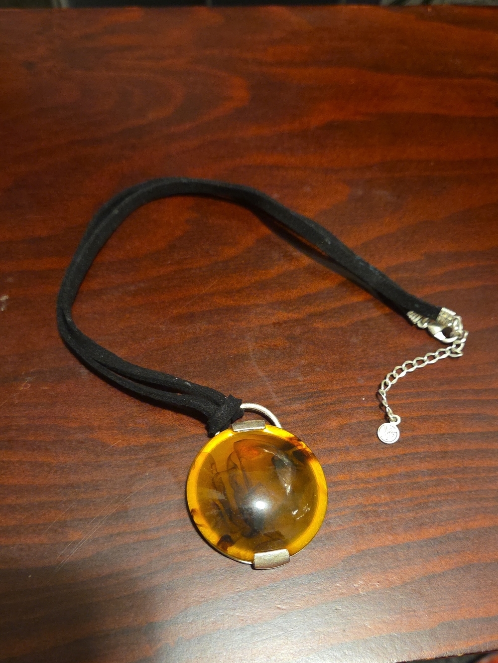 Black Cord Necklace with Amber Pendant